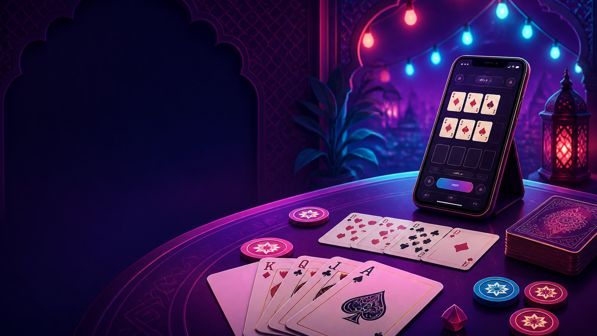 Neon Indian rummy lounge with cards and a free practice interface