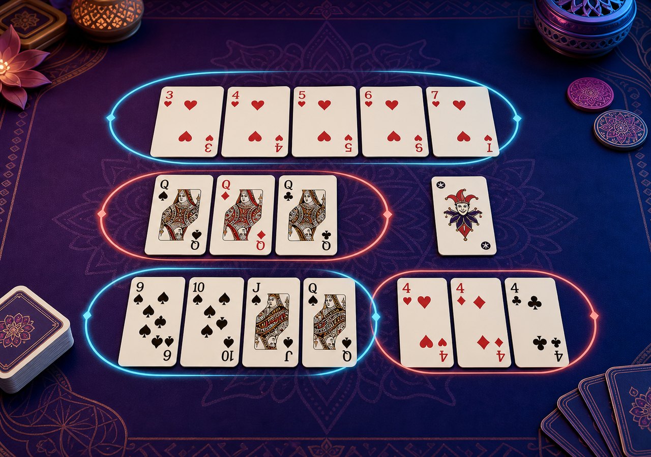 Indian rummy cards arranged into sequences and sets