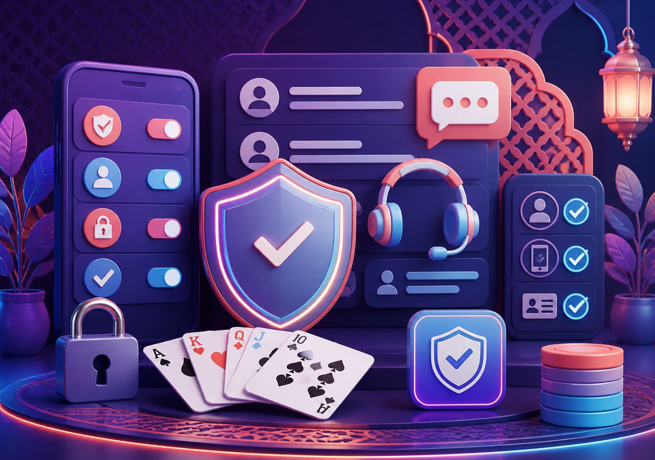 Secure rummy app review centre with shield and cards